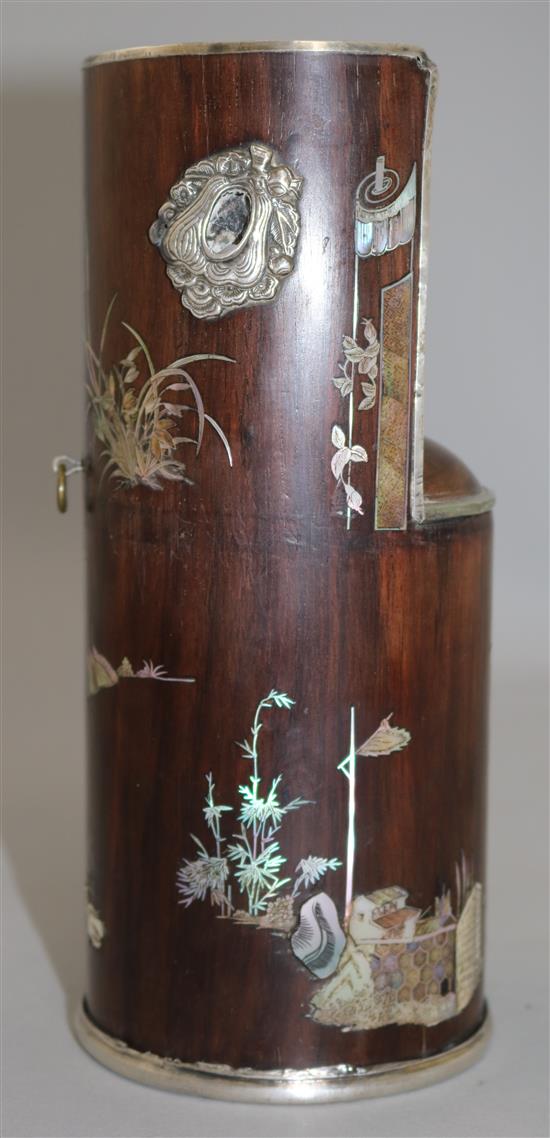 A Chinese rosewood and mother of pearl inlaid pipe holder, 21cm